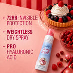 Secret Dry Spray Antiperspirant Deodorant for Women. 72hr Holiday Freshness. Pro-Hyaluronic Acid. PH Balancing Minerals. Invisible Spray. Berry Bright Scent. 4.1 oz