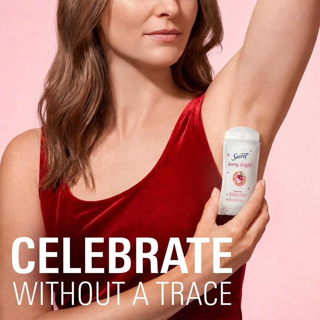 Secret Fresh Antiperspirant Deodorant for Women. 72hr Holiday Sweat & Odor Protection with Pro-Hyaluronic Acid. Clear Gel. PH Balancing Minerals. Berry Bright Scent. 2.6 oz