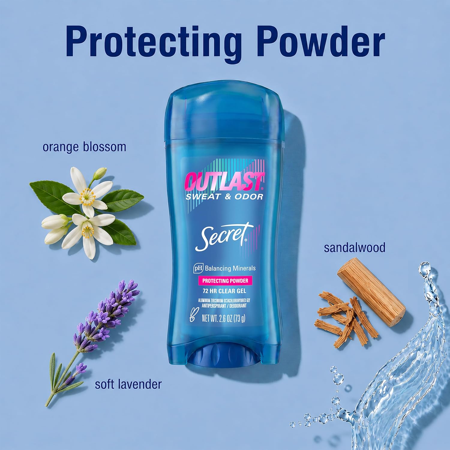 Secret Outlast Antiperspirant Deodorant for Women. 72hr Sweat & Odor Protection. PH Balancing Minerals. Clear Gel. Protecting Powder Scent. 2.6 oz (Pack of 2)