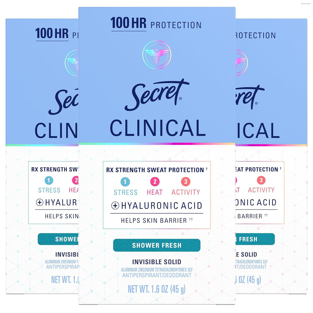 Secret Clinical Strength 100HR Sweat & Odor. Invisible Solid Antiperspirant Deodorant for Women. 3X Stress Protection with Hyaluronic Acid. Shower Fresh Scent. 1.6 oz (Pack of 3)