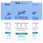 Secret Clinical Strength 100HR Sweat & Odor. Invisible Solid Antiperspirant Deodorant for Women. 3X Stress Protection with Hyaluronic Acid. Shower Fresh Scent. 1.6 oz (Pack of 3)