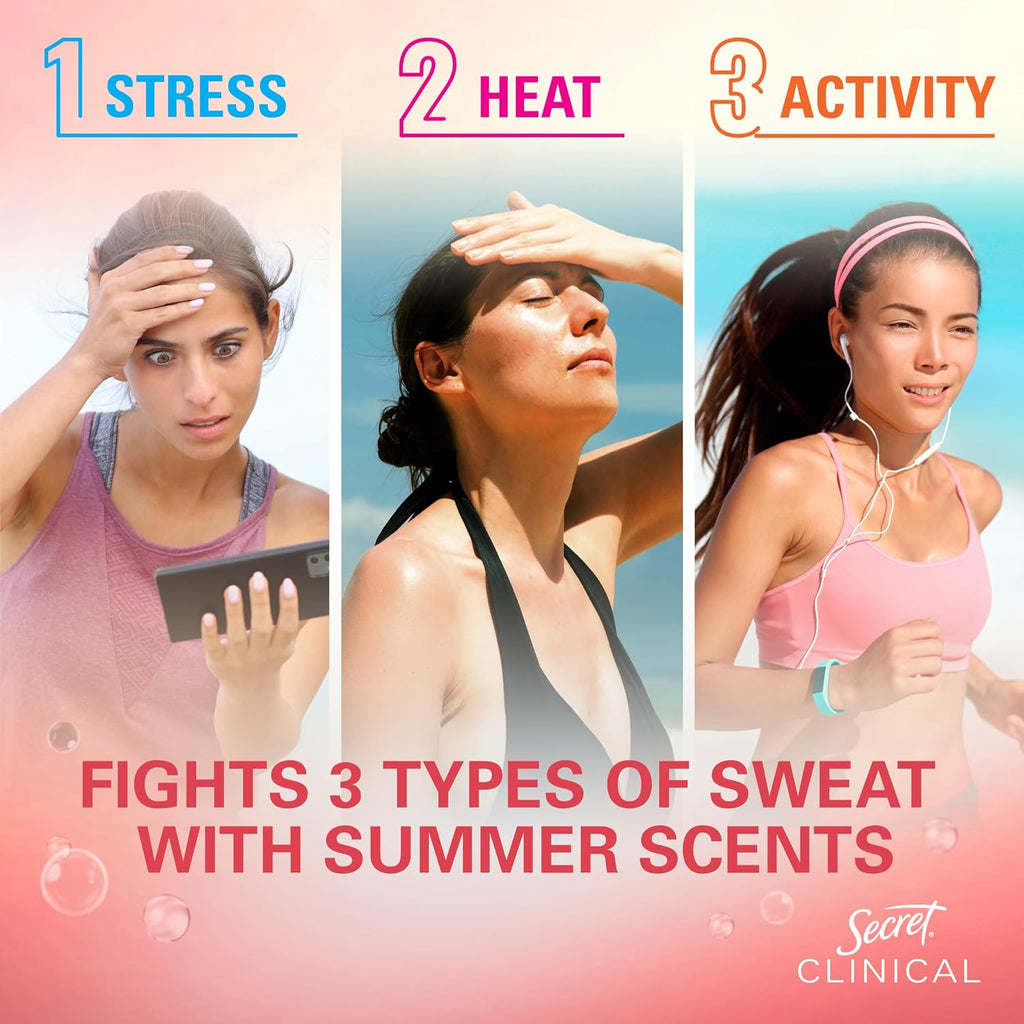 Secret Clinical Strength Antiperspirant Deodorant for Women. 3X Stress Protection. 72hr Sweat & Odor Protection. Pro-Hyaluronic Acid. Invisible Solid. Watermelon Summer Fizz Scent. 1.6 oz