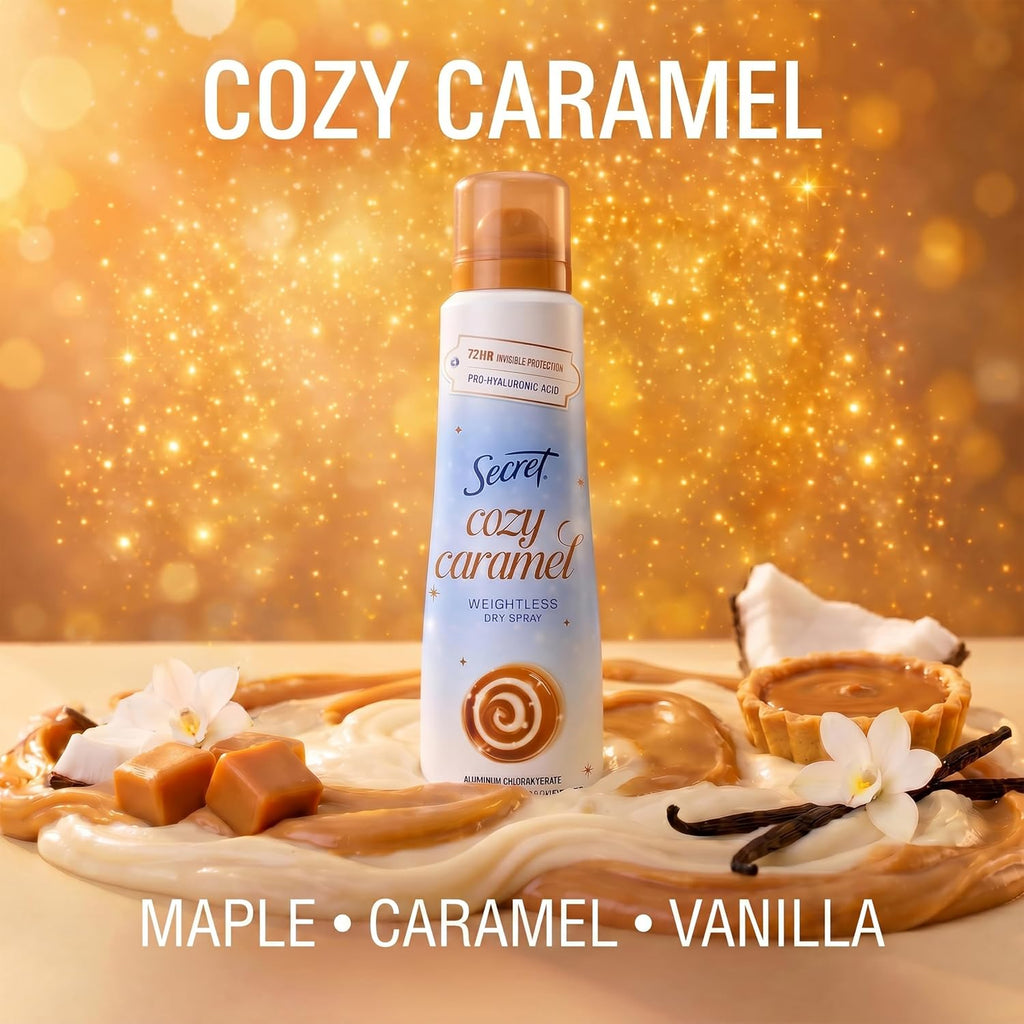 Secret Dry Spray Antiperspirant Deodorant for Women. 72hr Holiday Freshness. Pro-Hyaluronic Acid. PH Balancing Minerals. Invisible Spray. Cozy Caramel Scent. 4.1 oz