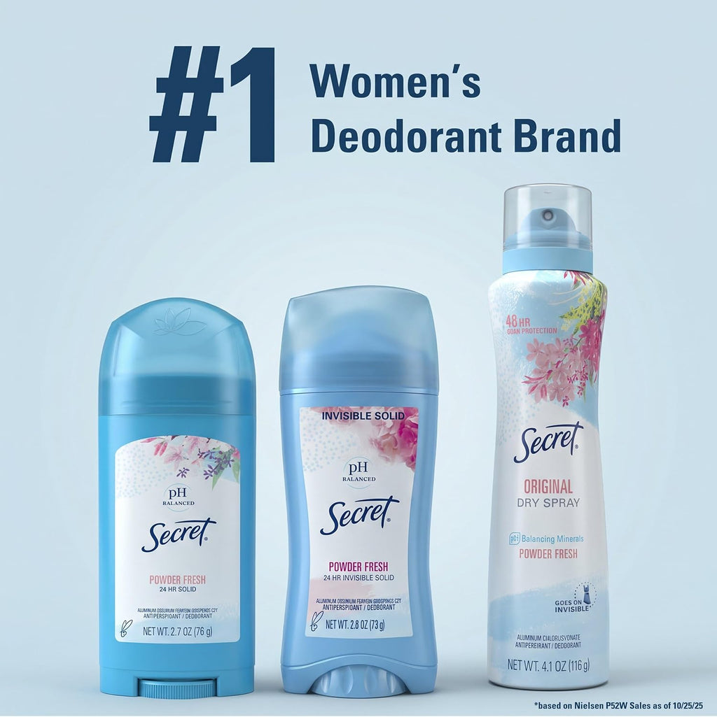 Secret Antiperspirant and Deodorant for Women. 24hr Sweat & Odor Protection. PH Balanced Protection. Gentle on Skin. Invisible Solid. Shower Fresh Scent. 2.6 oz (Pack of 2)