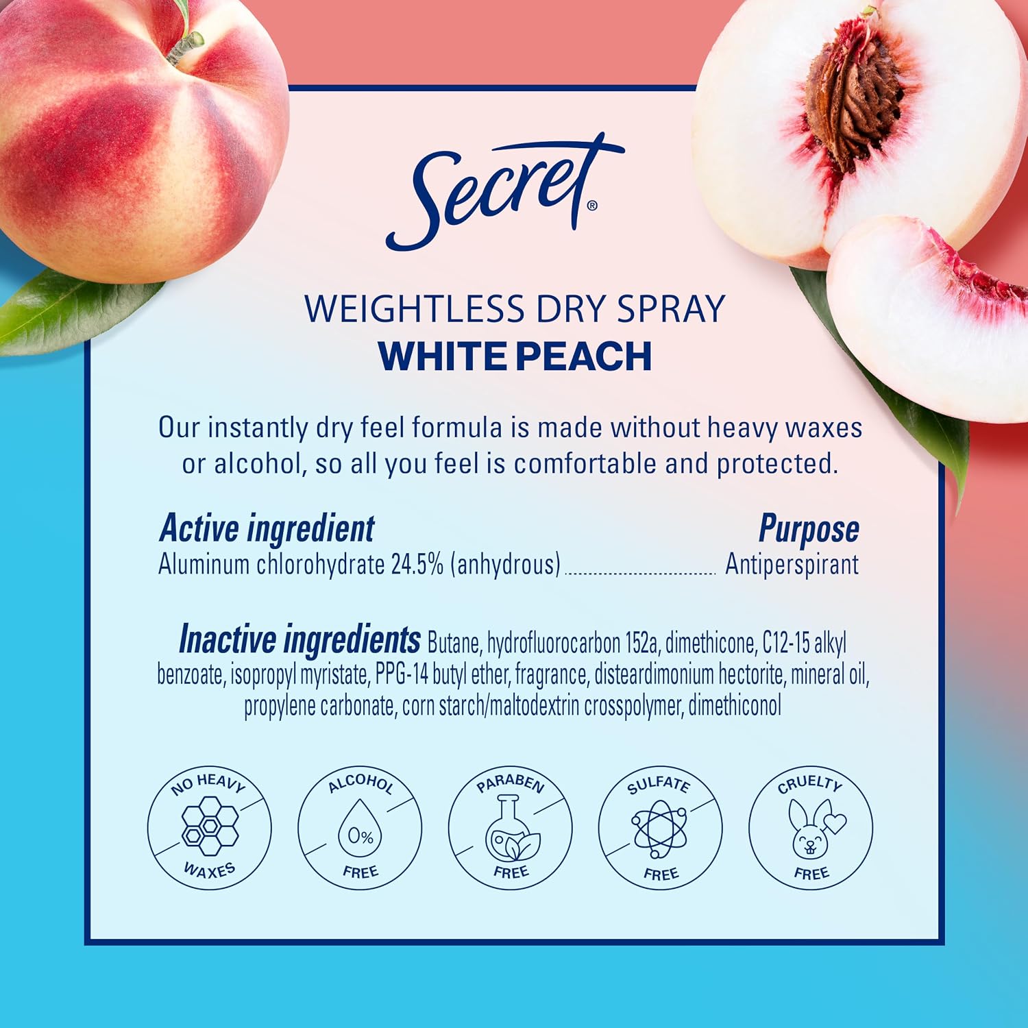 Secret Dry Spray Antiperspirant Deodorant for Women. 48hr Weightless Sweat & Odor Protection. Gentle on Skin. White Peach Scent. 4.1 oz (Pack of 3)