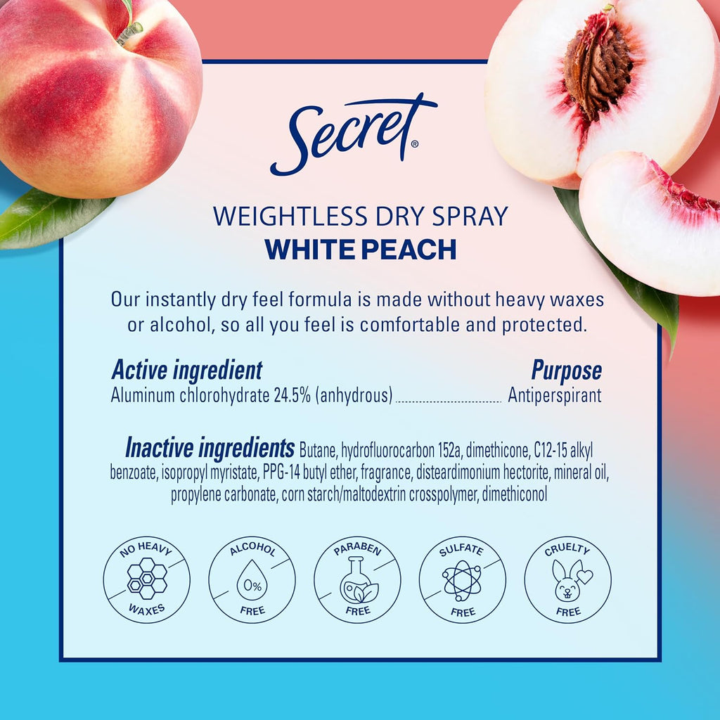Secret Dry Spray Antiperspirant Deodorant for Women. 48hr Weightless Sweat & Odor Protection. Gentle on Skin. White Peach Scent. 4.1 oz (Pack of 3)