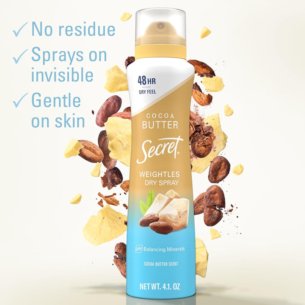 Secret Dry Spray Antiperspirant Deodorant for Women. 48hr Weightless Sweat & Odor Protection. Gentle on Skin. Cocoa Butter Scent. 4.1 oz