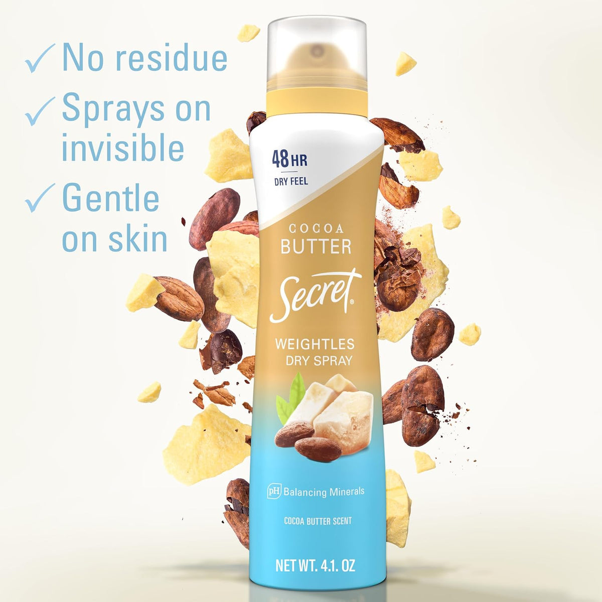Secret Dry Spray Antiperspirant Deodorant for Women. 48hr Weightless Sweat & Odor Protection. Gentle on Skin. Cocoa Butter Scent. 4.1 oz