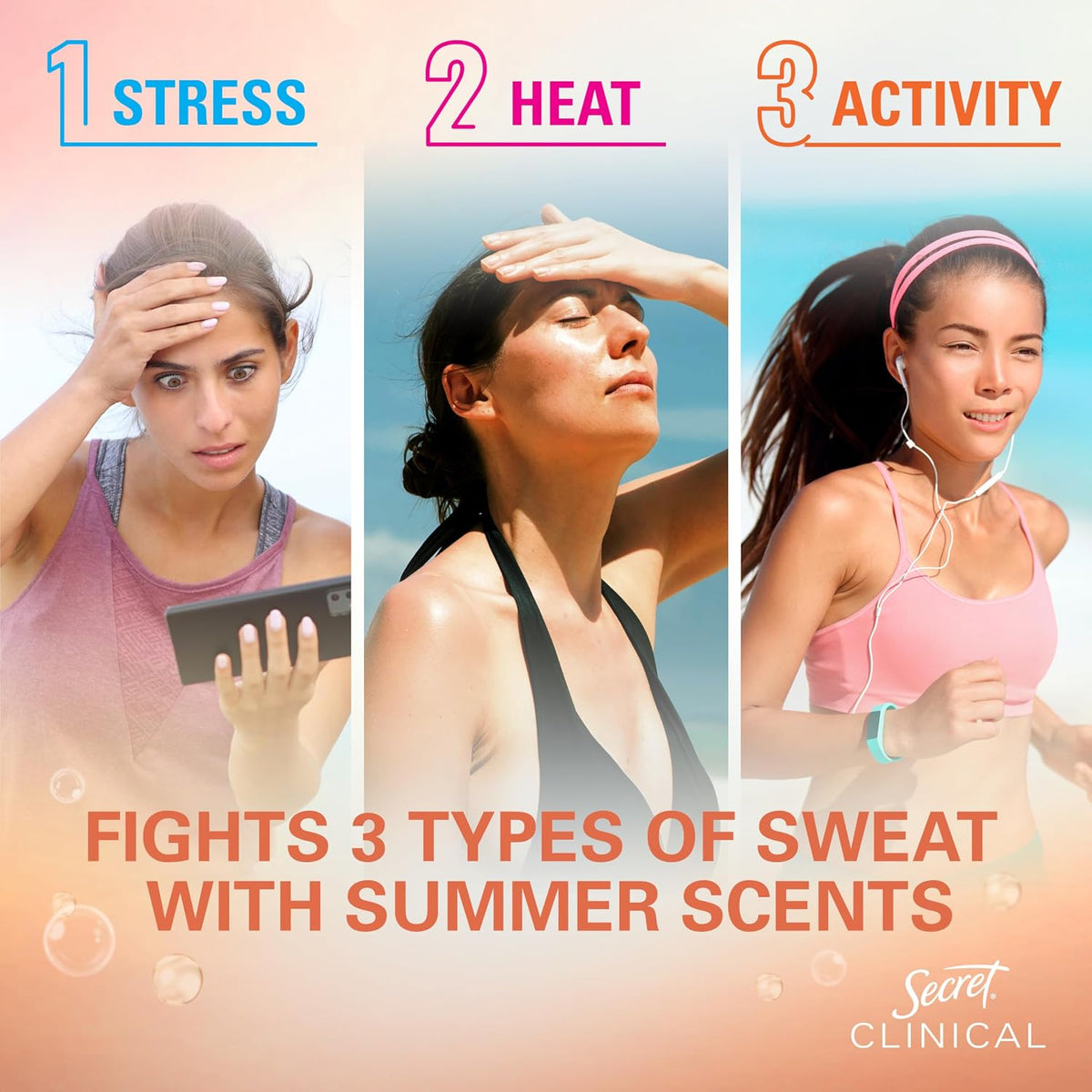 Secret Clinical Strength Antiperspirant Deodorant for Women. 3X Stress Protection. 72hr Sweat & Odor Protection. Pro-Hyaluronic Acid. Invisible Solid. Mandarin Summer Fizz Scent. 1.6 oz