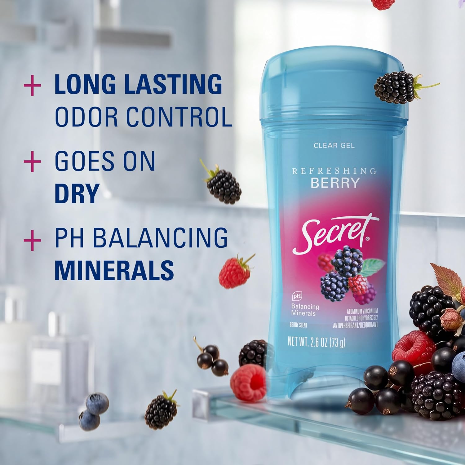 Secret Fresh Antiperspirant Deodorant for Women. 72hr Breathable Sweat & Odor Protection. Instant Freshness & Gentle. PH Balancing Minerals. Clear Gel. Refreshing Berry Scent. 2.6 oz (Pack of 2)