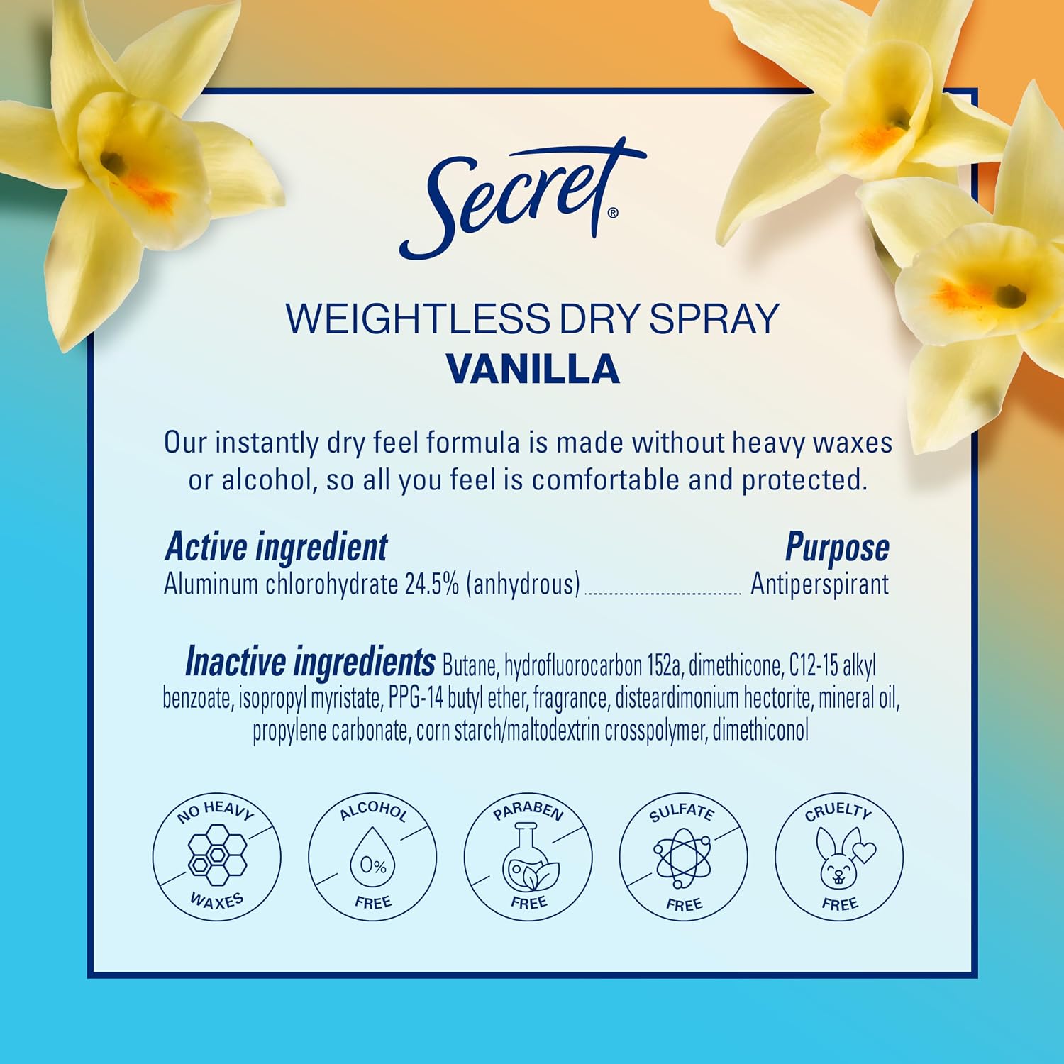 Secret Dry Spray Antiperspirant Deodorant for Women. 48hr Weightless Sweat & Odor Protection. Gentle on Skin. Cozy Vanilla Scent. 4.1 oz (Pack of 3)