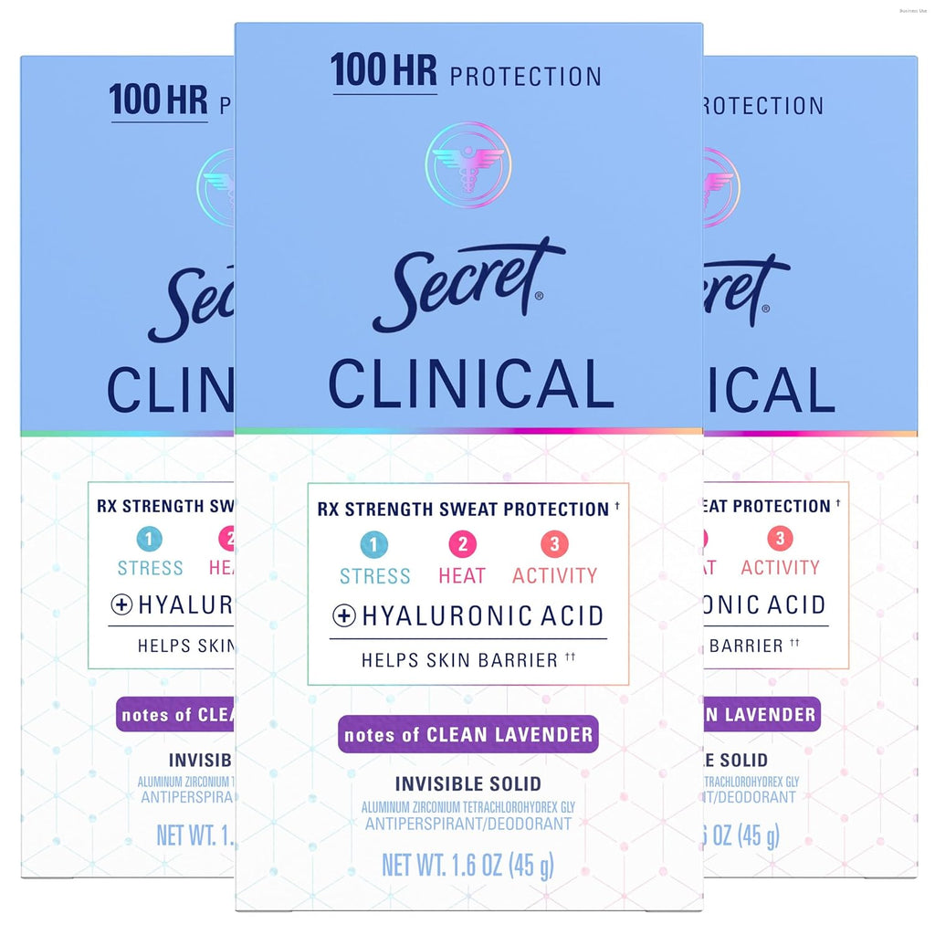 Secret Clinical Strength Antiperspirant Deodorant for Women. 3X Stress Protection. 72hr Sweat & Odor Protection. PH Balancing Minerals. lnvisible Solid. Clean Lavender Scent. 1.6 oz (Pack of 3)