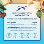 Secret Dry Spray Antiperspirant Deodorant for Women. 48hr Weightless Sweat & Odor Protection. Gentle on Skin. Cocoa Butter Scent. 4.1 oz
