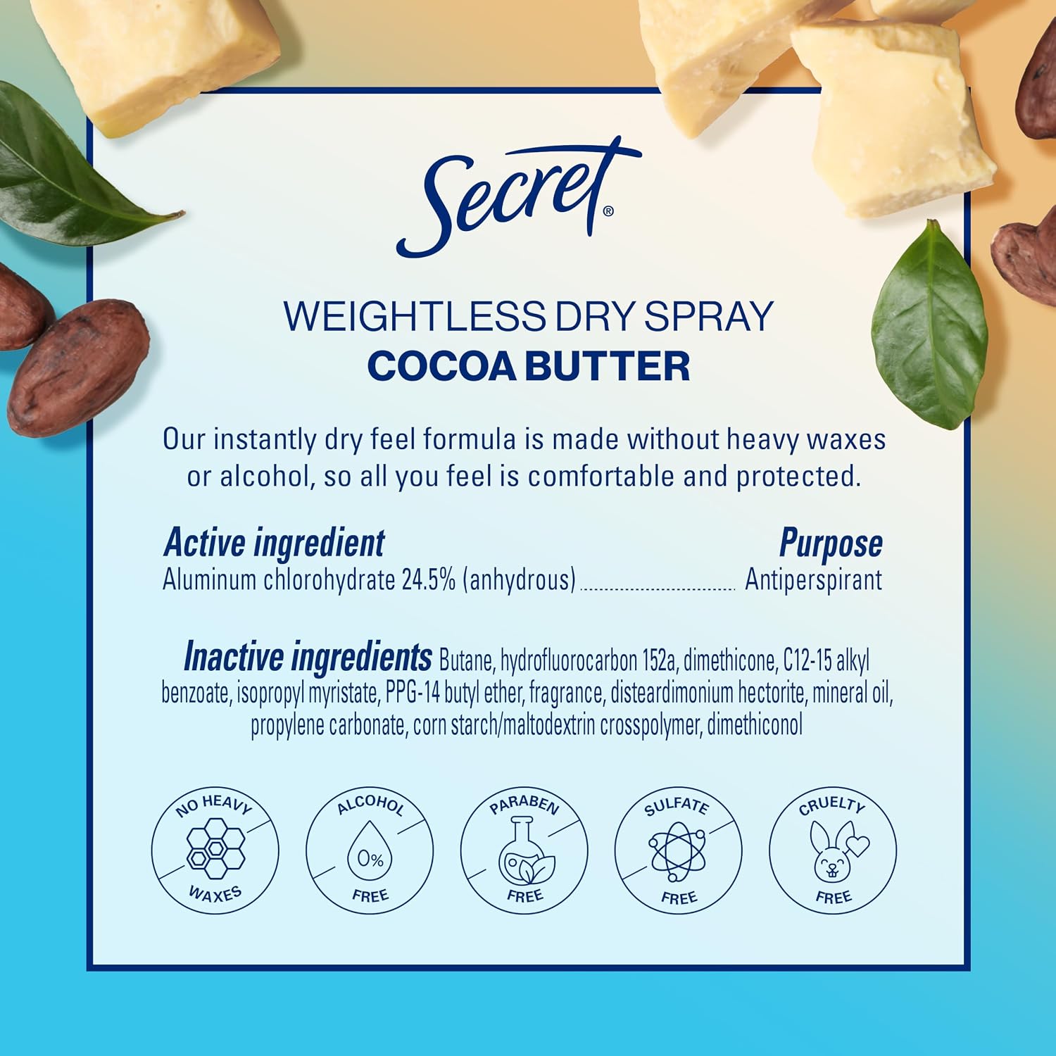 Secret Dry Spray Antiperspirant Deodorant for Women. 48hr Weightless Sweat & Odor Protection. Gentle on Skin. Cocoa Butter Scent. 4.1 oz