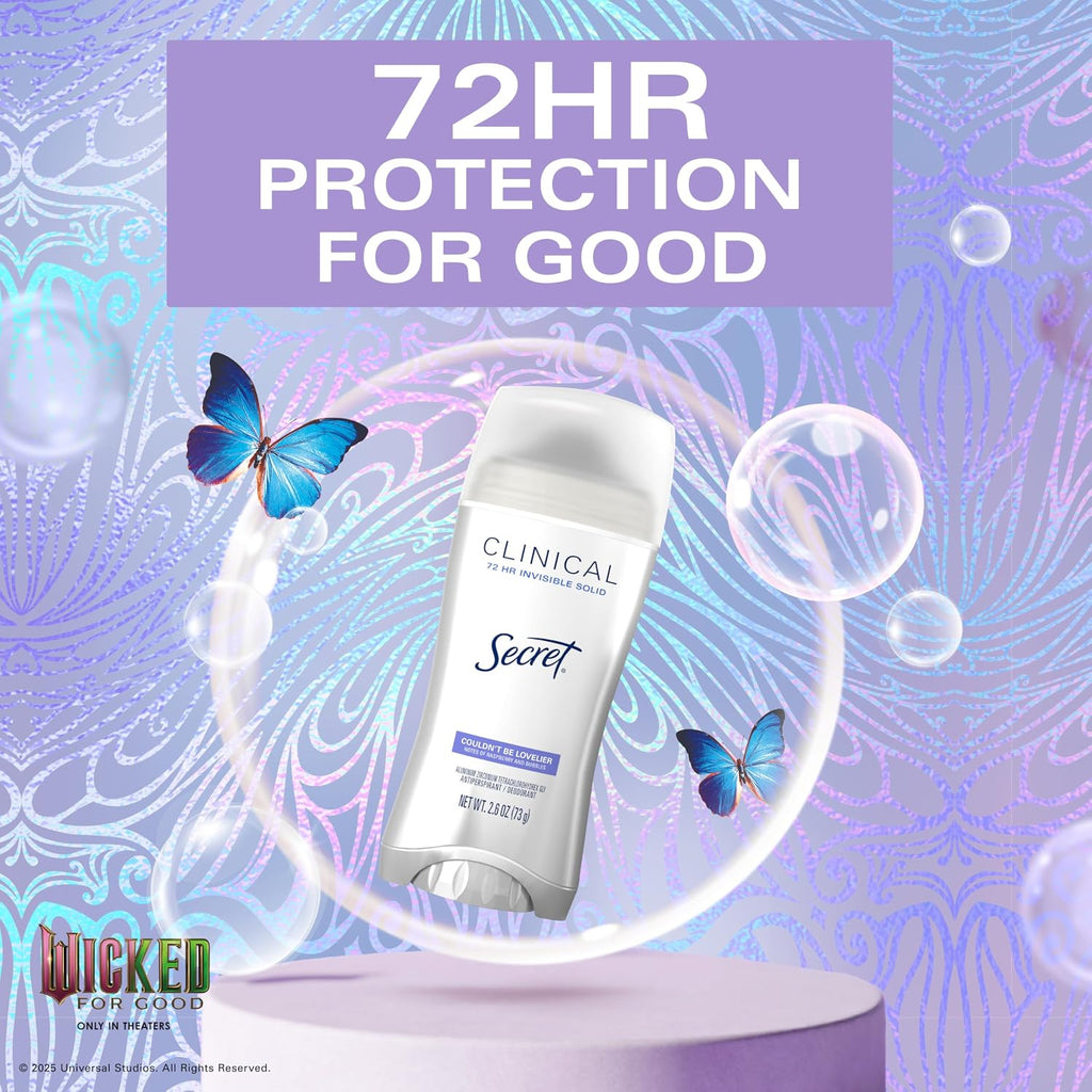 Secret Clinical Strength Antiperspirant Deodorant for Women. Couldn't Be Lovelier. 3X Sweat Protection. 72hr Sweat & Odor Protection. PH Balanced. Invisible Solid. Raspberry & Bubbles Scent. 2.6 oz