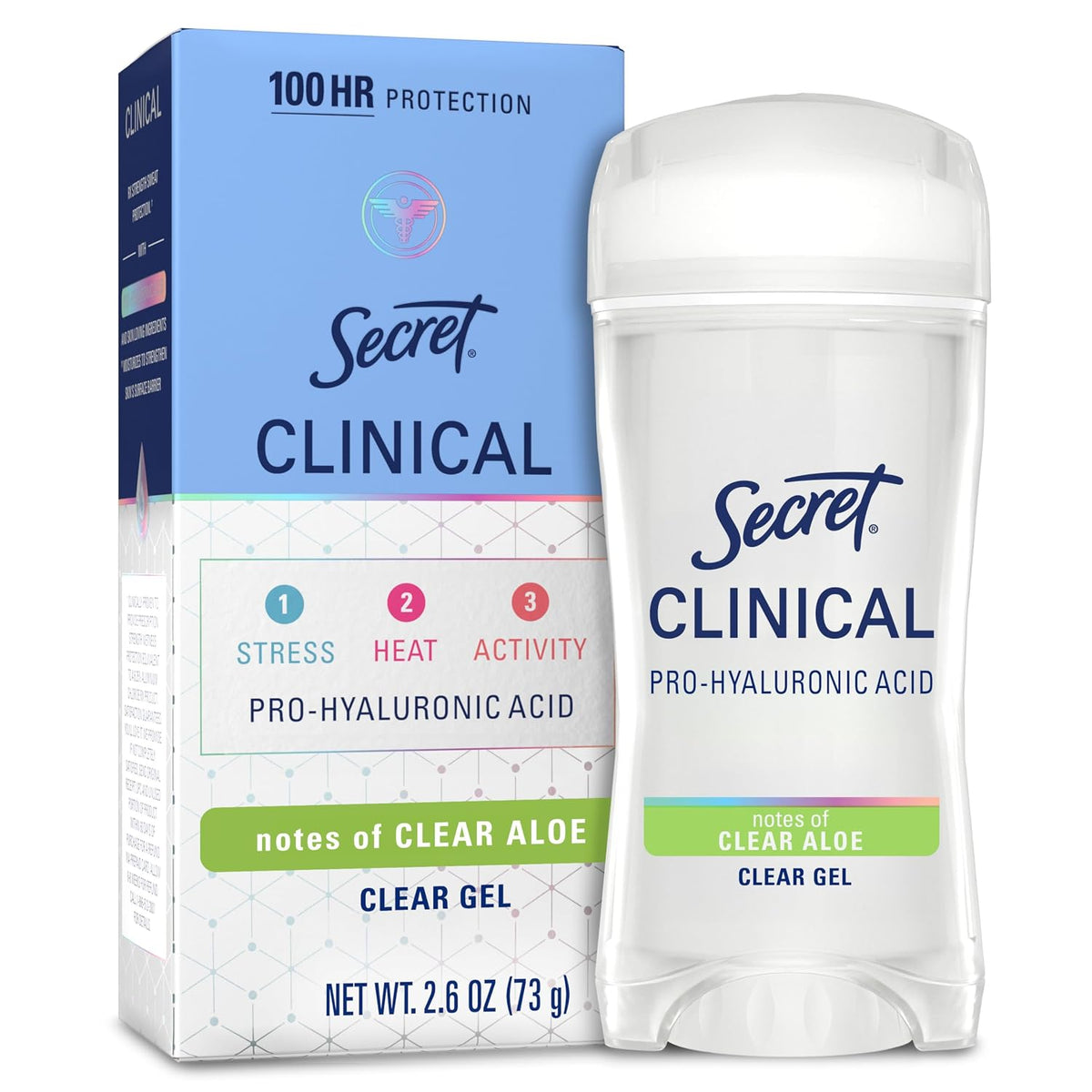 Secret Clinical Strength 100HR Sweat & Odor. Clear Gel Antiperspirant Deodorant for Women. 3X Stress Protection with Pro-Hyaluronic Acid. Ph Balancing Minerals. Clear Aloe Scent. 2.6 oz