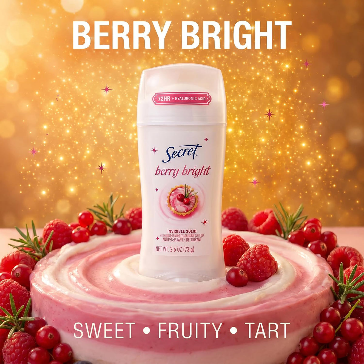 Secret Fresh Antiperspirant Deodorant for Women. Berry Bright Scent. 2.6oz | 72 Hour Holiday Sweat & Odor Protection with Pro-Hyaluronic Acid. Limited Edition Invisible Solid. pH Balancing Minerals