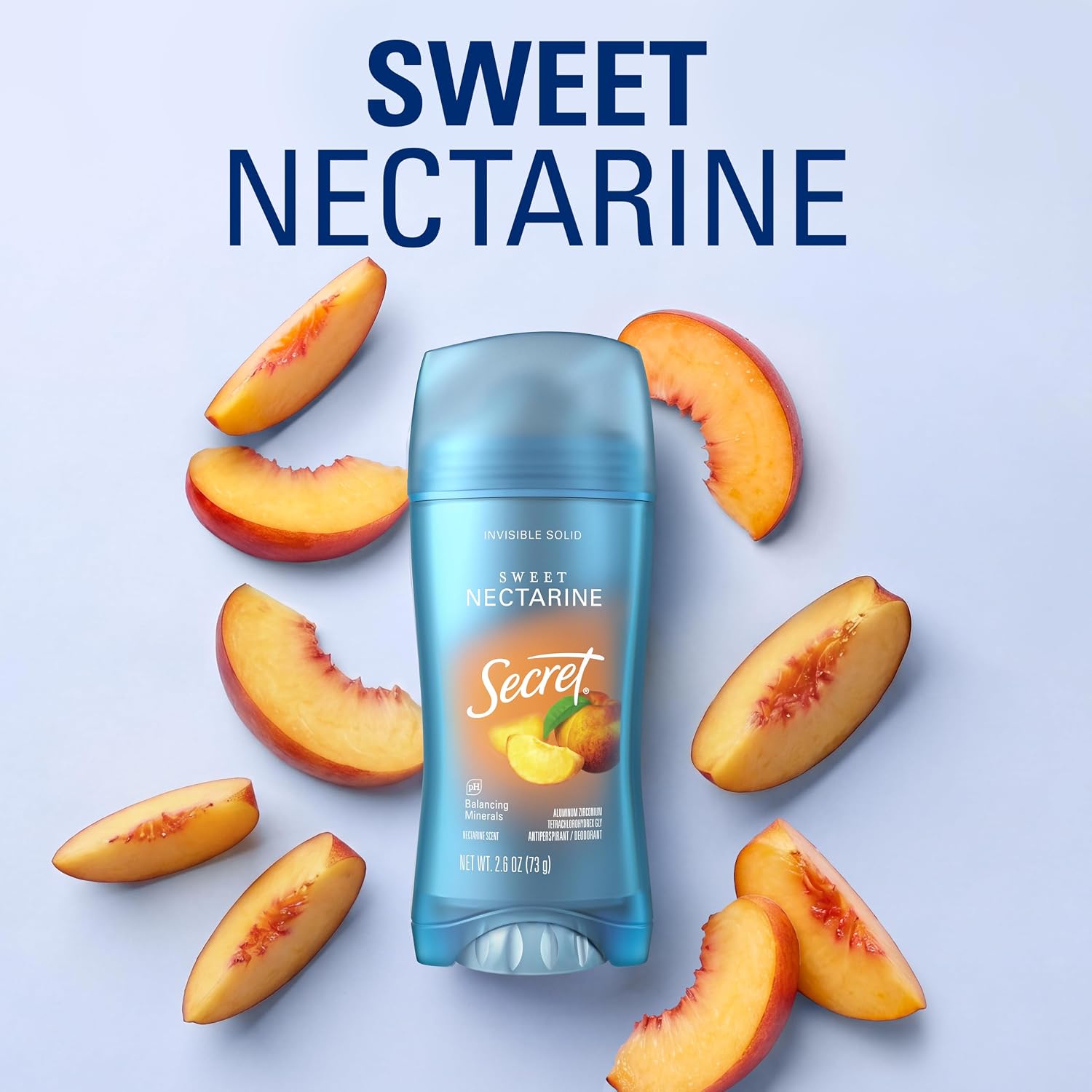 Secret Fresh Antiperspirant Deodorant for Women. 72hr Breathable Sweat & Odor Protection. Instant Freshness & Gentle. PH Balancing Minerals. Invisible Solid. Sweet Nectarine Scent. 2.6 oz