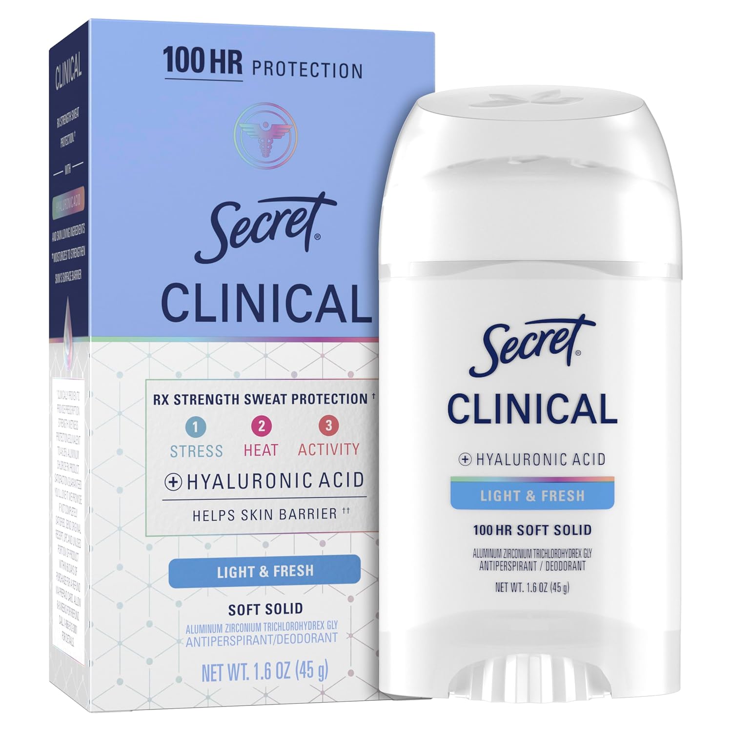 Secret Clinical Strength 100HR Sweat & Odor. Soft Solid Antiperspirant Deodorant for Women. 3X Stress Protection with Hyaluronic Acid. PH Balancing Minerals. Light & Fresh Scent. 1.6 oz