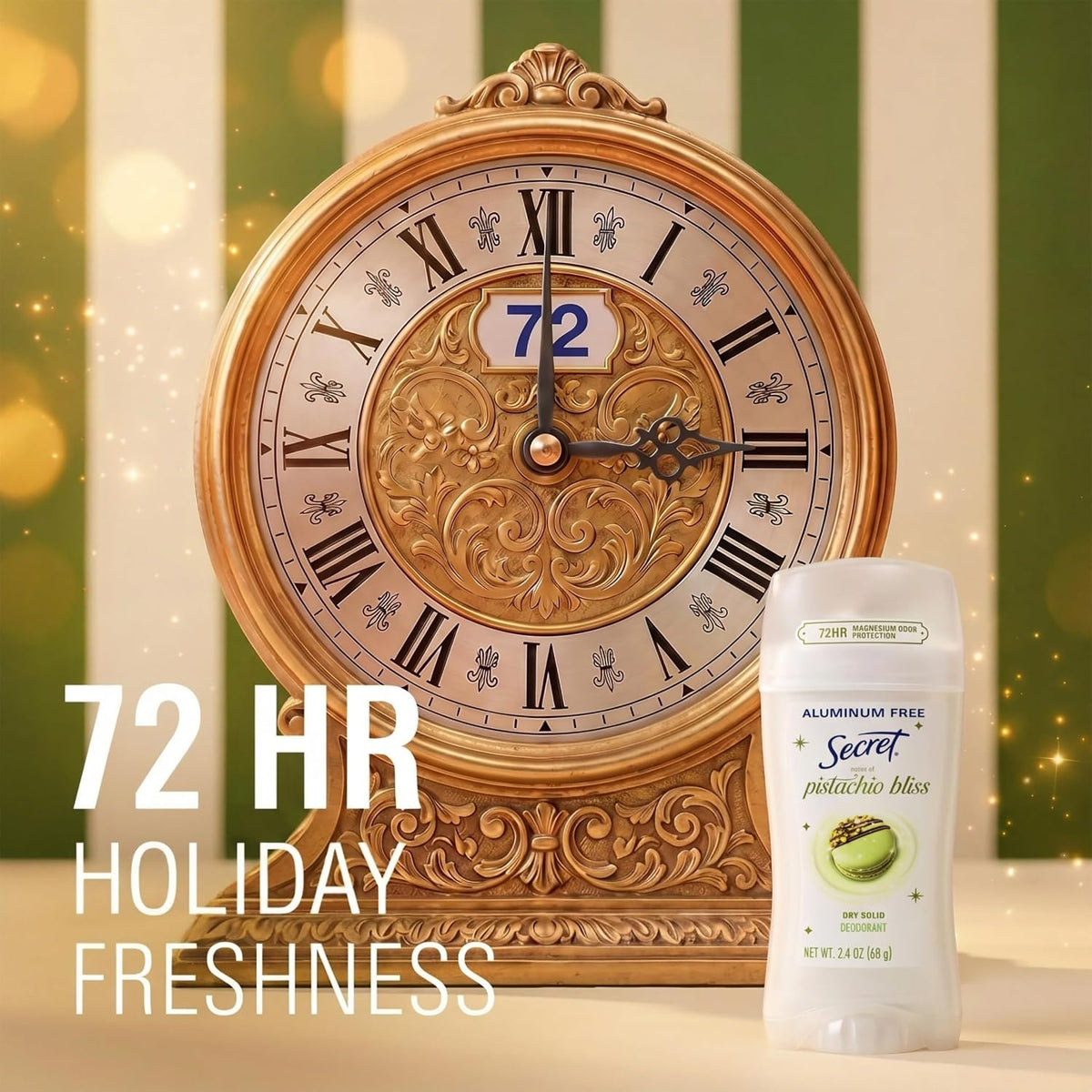 Secret Aluminum Free Deodorant for Women. 72hr Magnesium Odor Protection with Pro-Hyaluronic Acid. PH Balancing Minerals. Holiday Dry Solid. Pistachio Bliss Scent. 2.4 oz