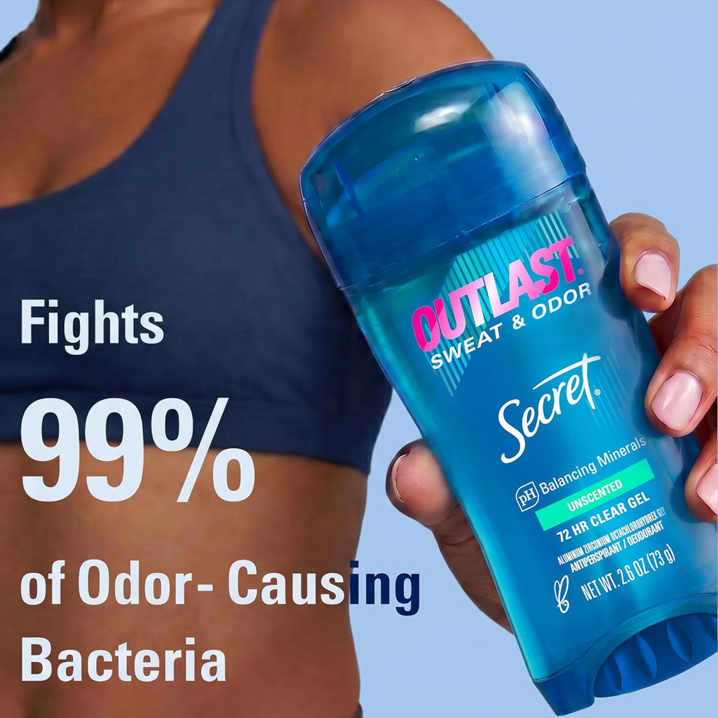 Secret Outlast Antiperspirant Deodorant for Women. Clear Gel. 72hr Sweat and Odor Protection. PH Balancing Minerals. Long Lasting Underarm Deodorant Gel. Unscented. 2.6 oz