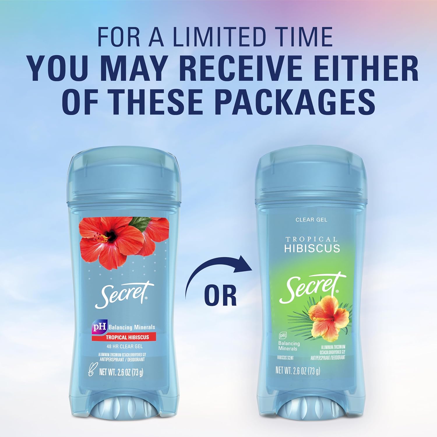 Secret Fresh Antiperspirant Deodorant for Women. 72hr Breathable Sweat & Odor Protection. Instant Freshness & Gentle. PH Balancing Minerals. Clear Gel. Tropical Hibiscus Scent. 2.6 oz