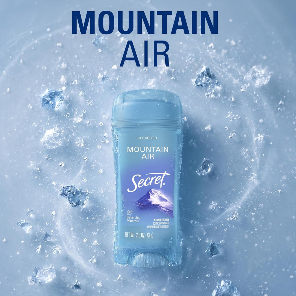 Secret Fresh Antiperspirant Deodorant for Women. 72hr Breathable Sweat & Odor Protection. Instant Freshness & Gentle. PH Balancing Minerals. Clear Gel. Mountain Air Scent. 2.6 oz