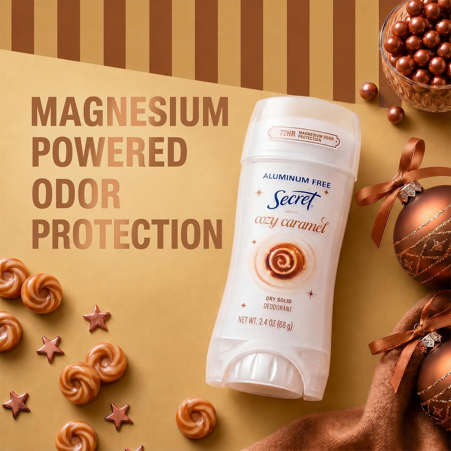 Secret Aluminum Free Deodorant for Women. 72hr Magnesium Odor Protection with Pro-Hyaluronic Acid. PH Balancing Minerals. Holiday Dry Solid. Cozy Caramel Scent. 2.4 oz