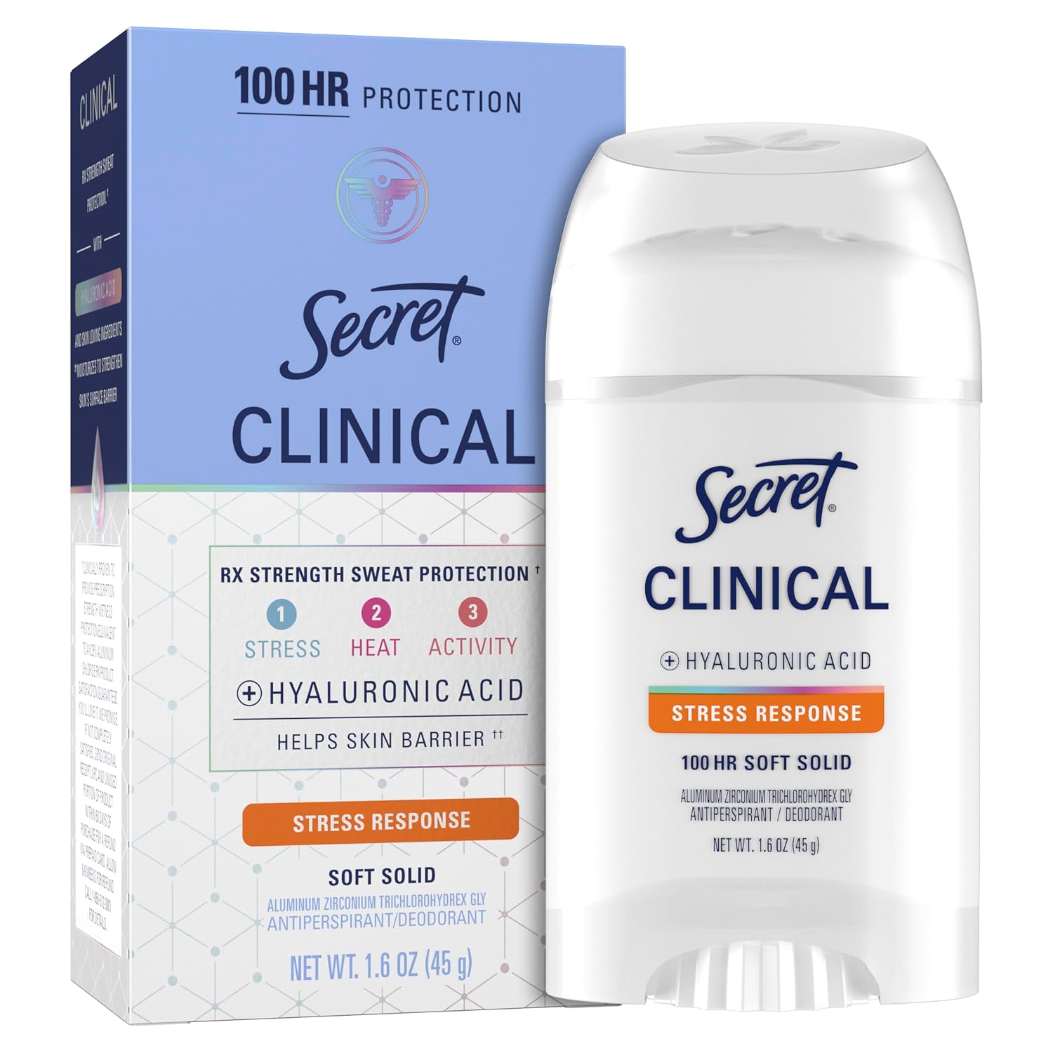 Secret Clinical Strength 100HR Sweat & Odor. Stress Response Soft Solid Antiperspirant Deodorant for Women. 3X Stress Protection with Hyaluronic Acid. PH Balancing Minerals. 1.6 oz