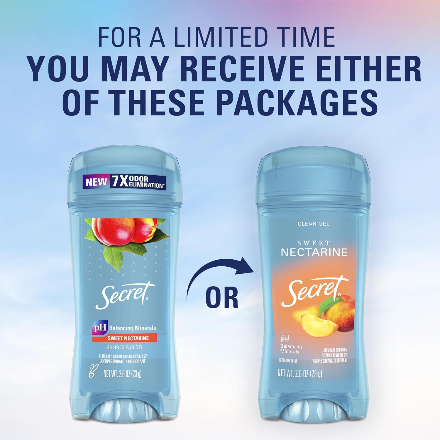Secret Fresh Antiperspirant Deodorant for Women. 72hr Breathable Sweat & Odor Protection. Instant Freshness & Gentle. PH Balancing Minerals. Clear Gel. Sweet Nectarine Scent. 2.6 oz