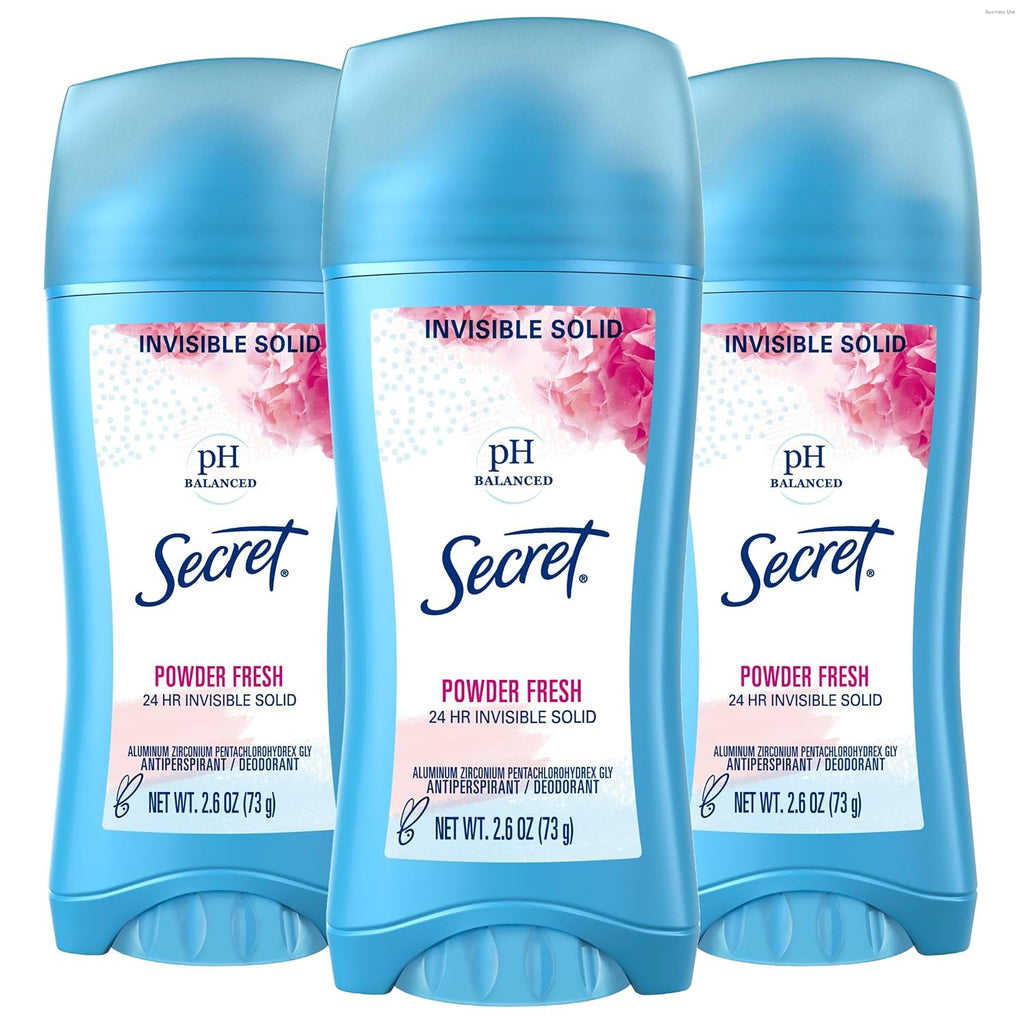 Secret Antiperspirant and Deodorant for Women. 24hr Sweat & Odor Protection. PH Balanced Protection. Gentle on Skin. Invisible Solid. Powder Fresh Scent. 2.6 oz (Pack of 3)