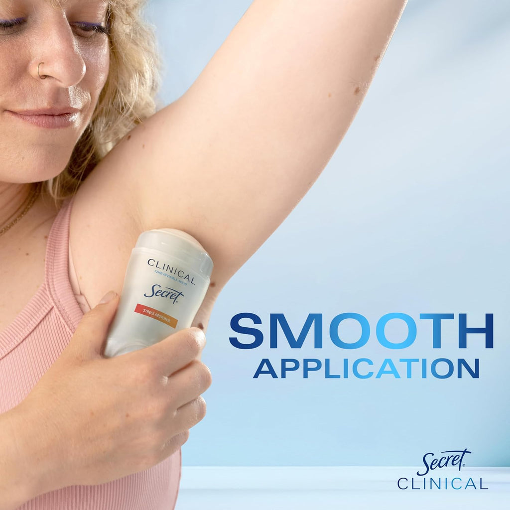 Secret Clinical Strength 100HR Sweat & Odor. Stress Response Invisible Solid Antiperspirant Deodorant for Women. 3X Stress Protection with Hyaluronic Acid. PH Balanced. 1.6 oz (Pack of 4)