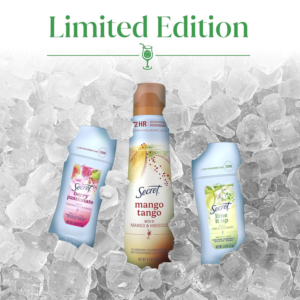 Secret Fresh Antiperspirant Deodorant for Women. Lime It Up Scent. 2.6oz | 72HR Freshness on the Rocks with Pro-Hyaluronic Acid. Miami Mocktails Limited Edition Invisible Solid. pH Balancing Minerals