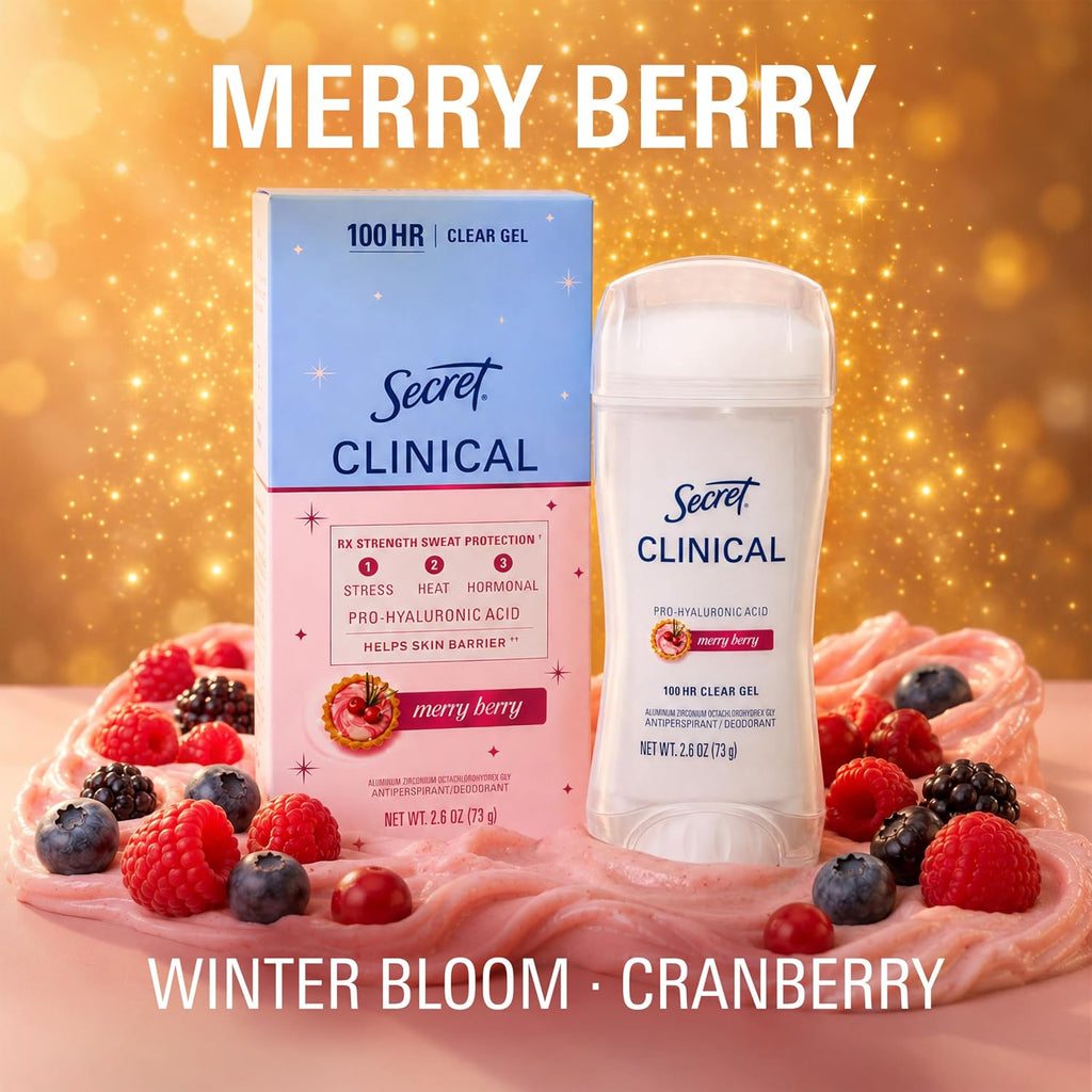 Secret Clinical Strength 100HR Sweat & Odor. Clear Gel Antiperspirant Deodorant for Women. 3X Stress Protection with Hyaluronic Acid. PH Balancing Minerals. Merry Berry Scent. 2.6 oz