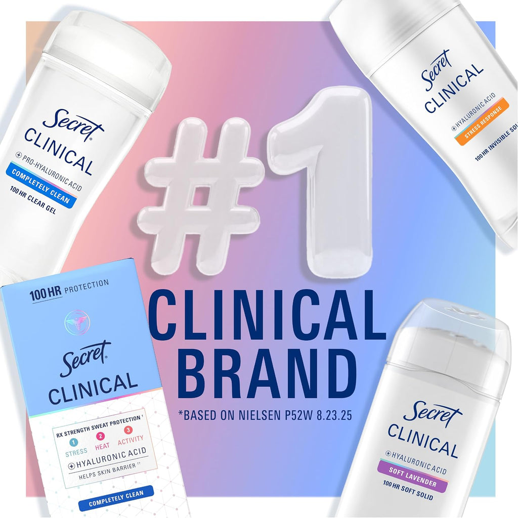 Secret Clinical Strength 100HR Sweat & Odor. Clear Gel Antiperspirant Deodorant for Women. 3X Stress Protection with Pro-Hyaluronic Acid. Ph Balancing Minerals. Clear Aloe Scent. 2.6 oz