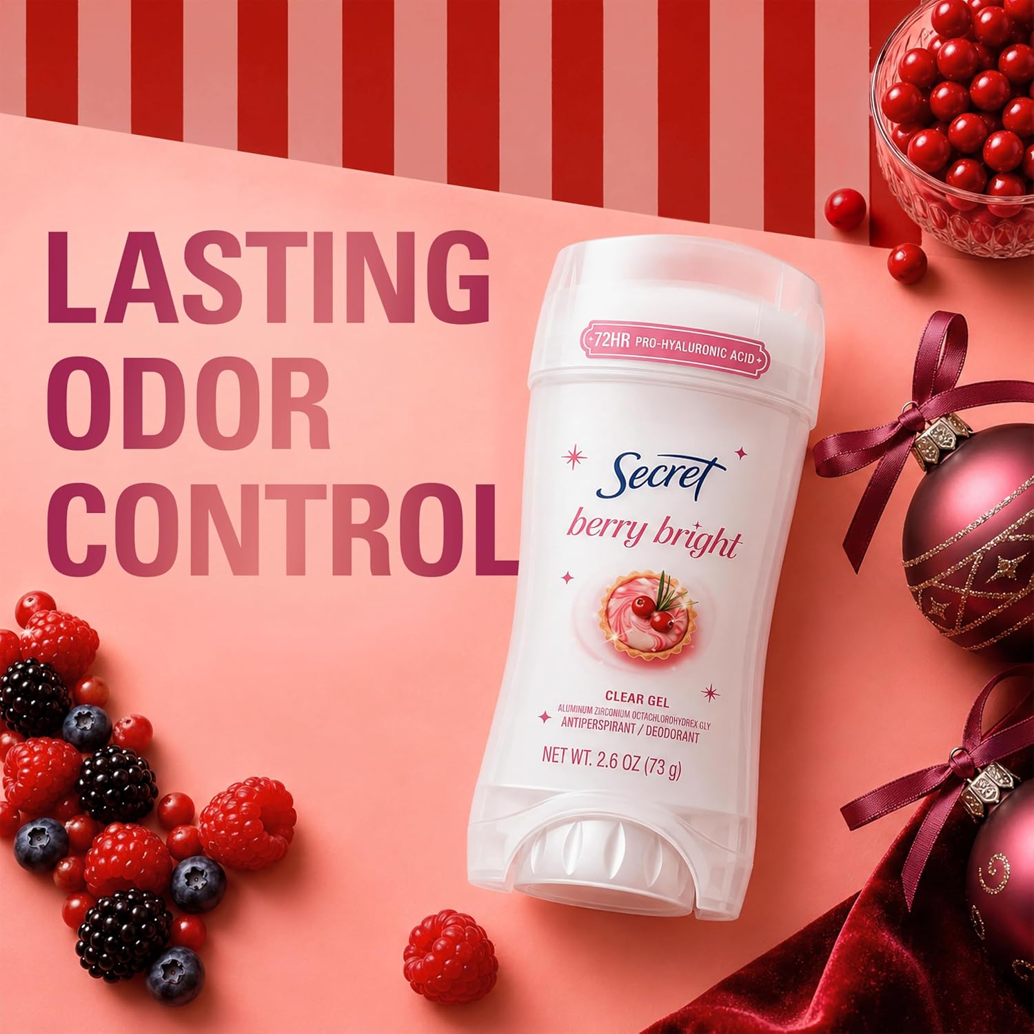 Secret Fresh Antiperspirant Deodorant for Women. 72hr Holiday Sweat & Odor Protection with Pro-Hyaluronic Acid. Clear Gel. PH Balancing Minerals. Berry Bright Scent. 2.6 oz