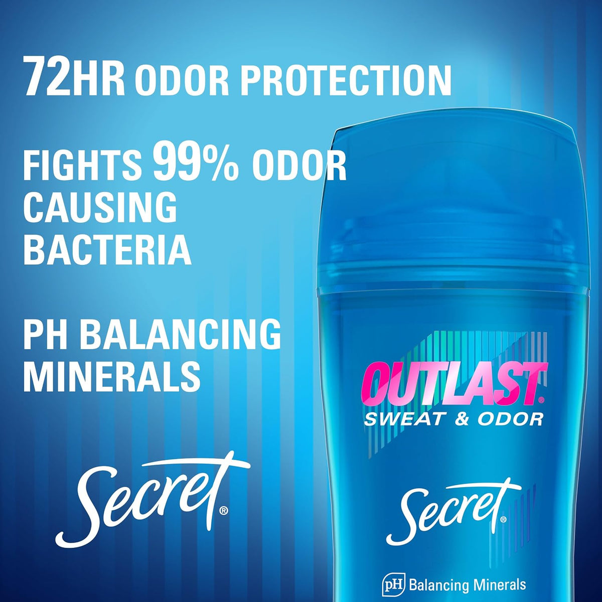 Secret Outlast Antiperspirant Deodorant for Women. 72hr Sweat & Odor Protection. Ph Balancing Minerals. Clear Gel. Hygienic Fresh Scent. 2.6 oz (Pack of 6)