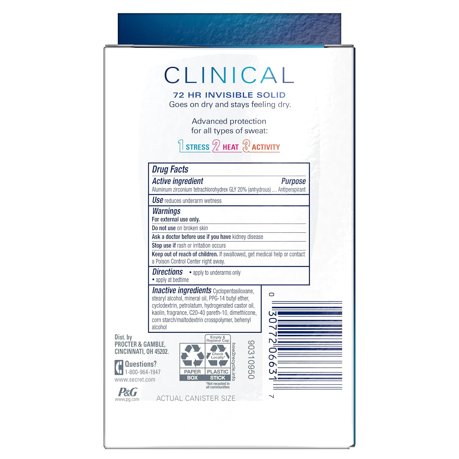 Secret Clinical Strength 100HR Sweat & Odor. Stress Response Invisible Solid Antiperspirant Deodorant for Women. 3X Stress Protection with Hyaluronic Acid. PH Balanced. 1.6 oz (Pack of 4)