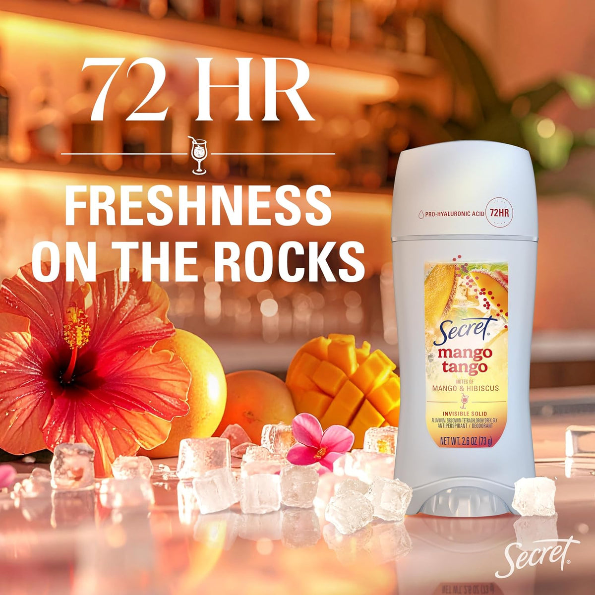 Secret Fresh Antiperspirant Deodorant for Women. Mango Tango Scent. 2.6oz | 72HR Freshness on the Rocks with Pro-Hyaluronic Acid. Miami Mocktails Limited Edition Invisible Solid. pH Balancing Minerals