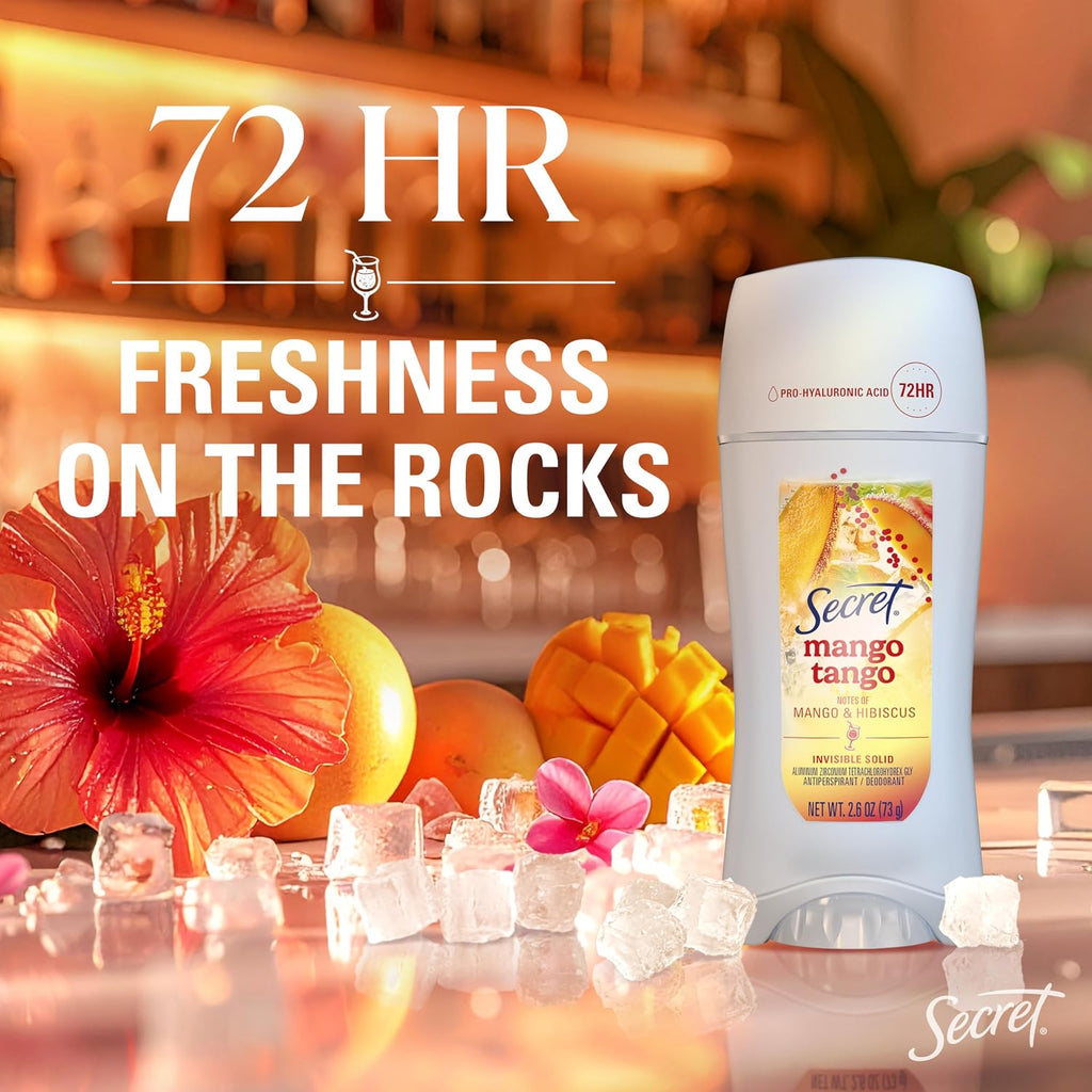 Secret Fresh Antiperspirant Deodorant for Women. Mango Tango Scent. 2.6oz | 72HR Freshness on the Rocks with Pro-Hyaluronic Acid. Miami Mocktails Limited Edition Invisible Solid. pH Balancing Minerals