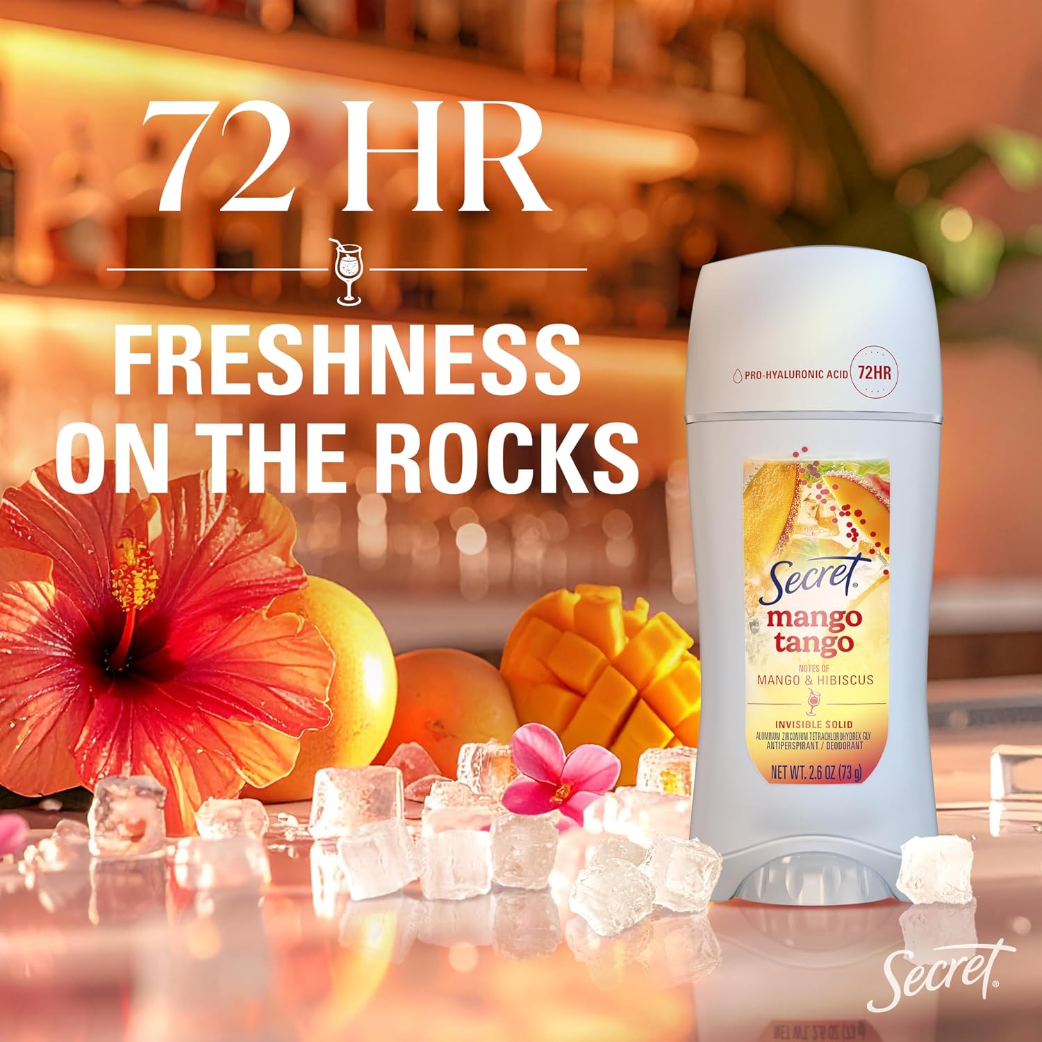 Secret Fresh Antiperspirant Deodorant for Women. Mango Tango Scent. 2.6oz | 72HR Freshness on the Rocks with Pro-Hyaluronic Acid. Miami Mocktails Limited Edition Invisible Solid. pH Balancing Minerals