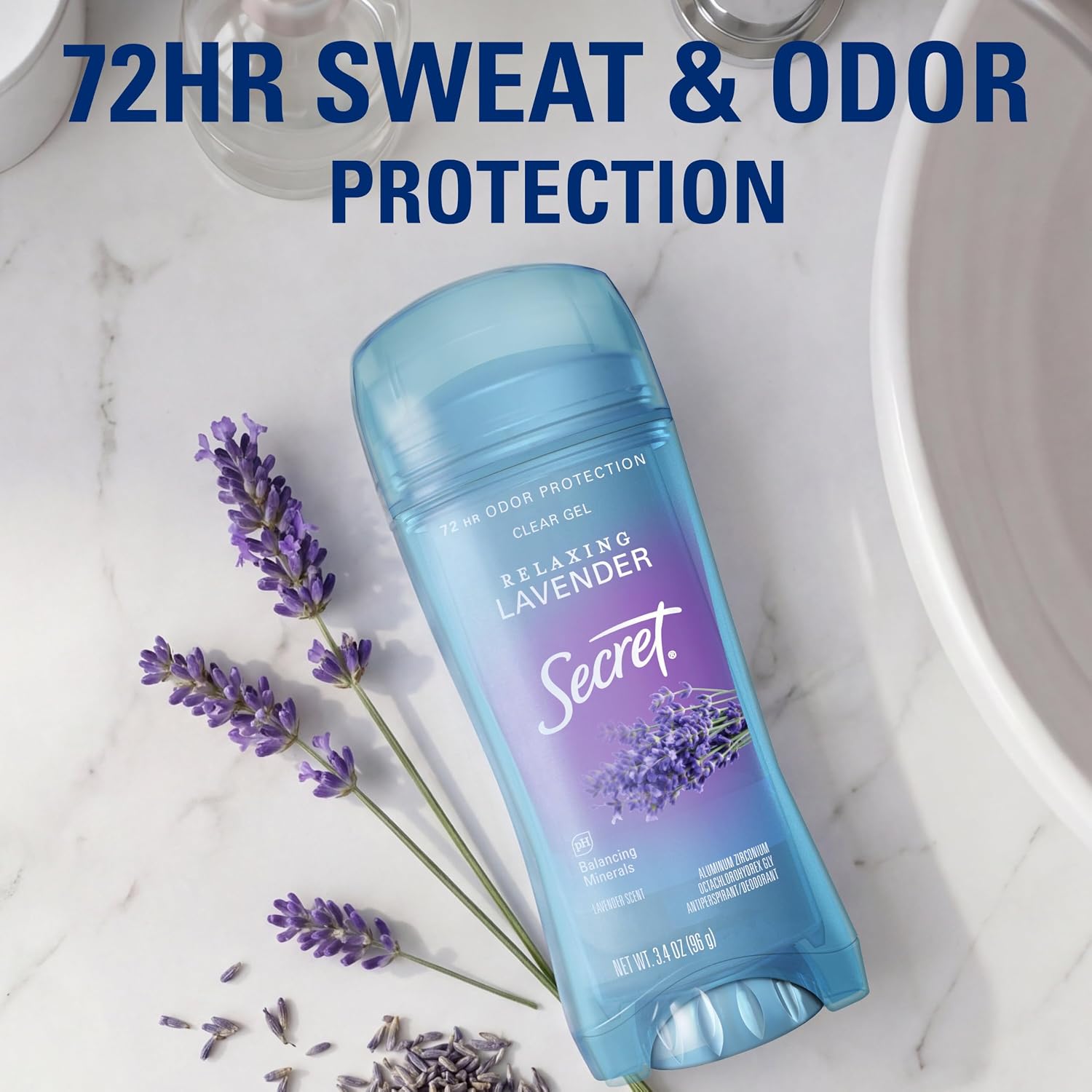 Secret Fresh Antiperspirant Deodorant for Women. 72hr Breathable Sweat & Odor Protection. Instant Freshness & Gentle. PH Balancing Minerals. Clear Gel. Relaxing Lavender Scent. 3.4 oz