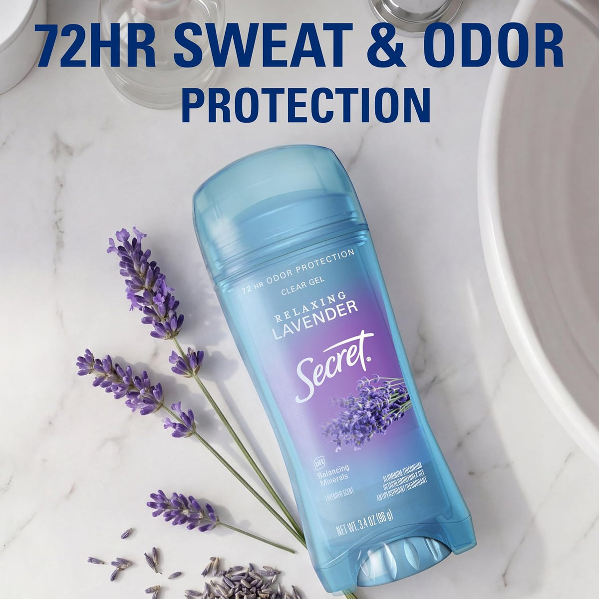 Secret Fresh Antiperspirant Deodorant for Women. 72hr Breathable Sweat & Odor Protection. Instant Freshness & Gentle. PH Balancing Minerals. Clear Gel. Relaxing Lavender Scent. 3.4 oz