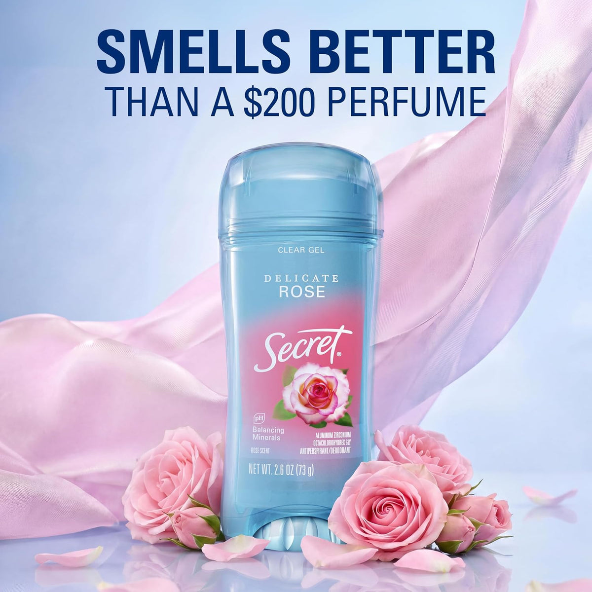 Secret Fresh Antiperspirant Deodorant for Women. 72hr Breathable Sweat & Odor Protection. Instant Freshness & Gentle. PH Balancing Minerals. Clear Gel. Delicate Rose Scent. 2.6 oz