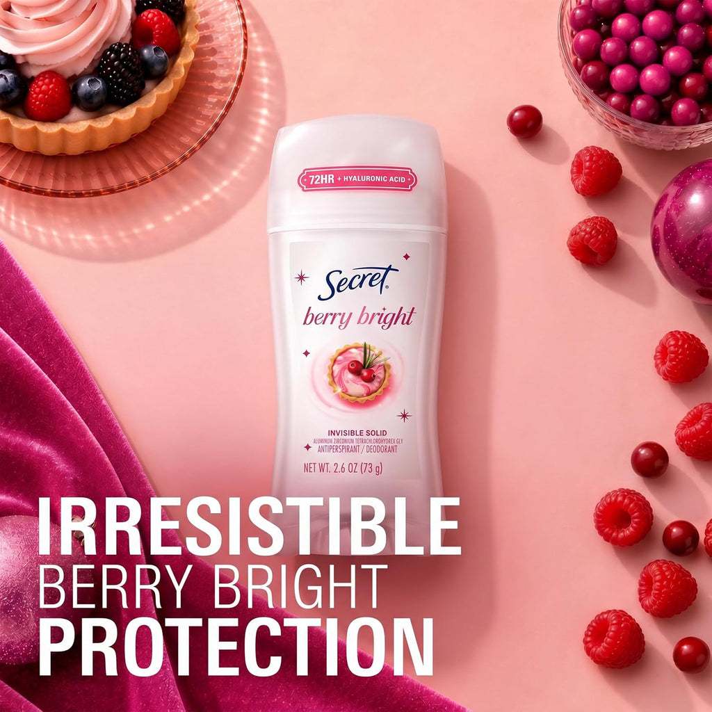 Secret Fresh Antiperspirant Deodorant for Women. Berry Bright Scent. 2.6oz | 72 Hour Holiday Sweat & Odor Protection with Pro-Hyaluronic Acid. Limited Edition Invisible Solid. pH Balancing Minerals