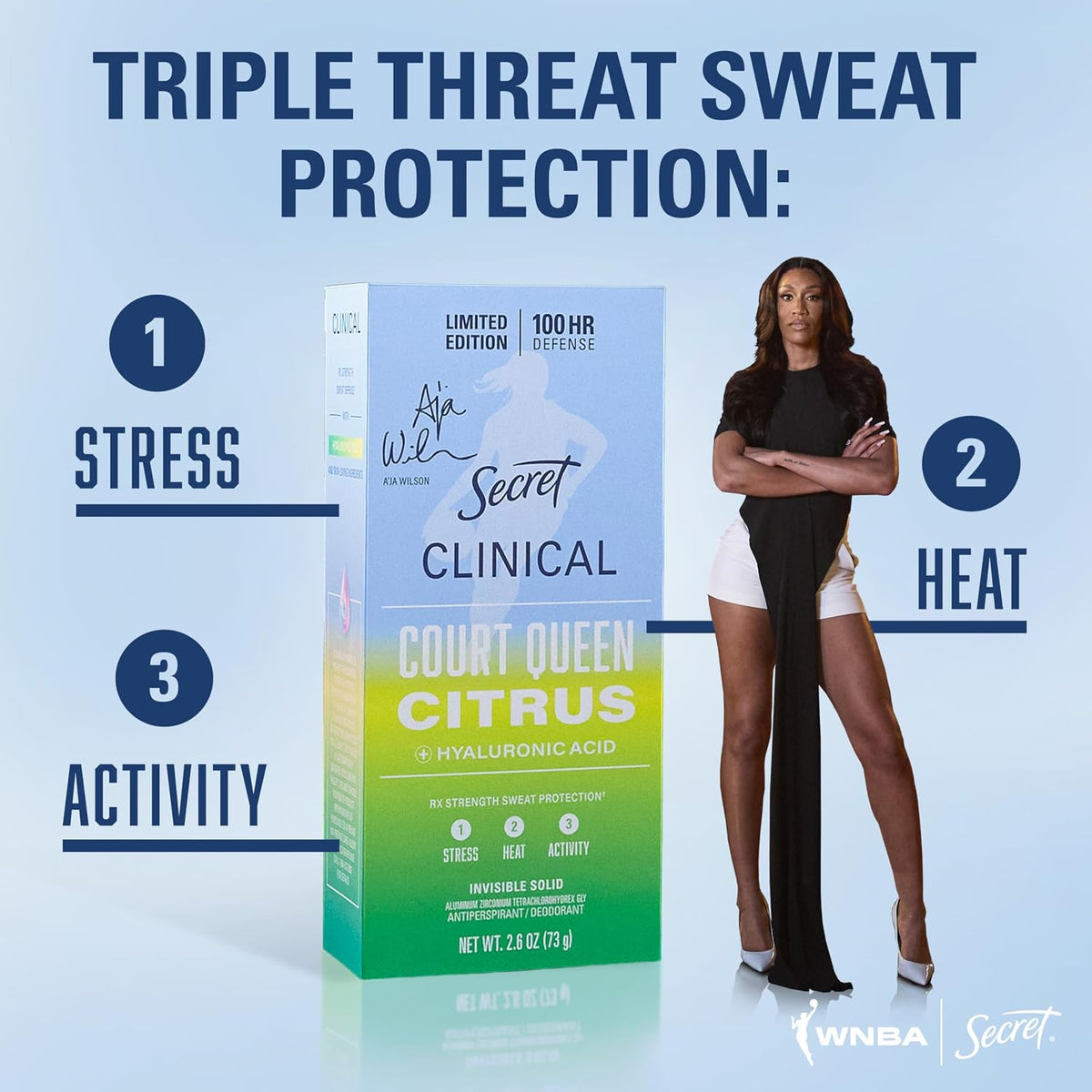 Secret Clinical Strength 100HR Defense. Invisible Solid Antiperspirant Deodorant for Women. A'Ja Wilson Edition. Triple Threat Sweat Protection. Hyaluronic Acid. Court Queen Citrus Scent. 2.6 oz