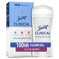 Secret Clinical Strength 100HR Sweat & Odor. Clear Gel Antiperspirant Deodorant for Women. 3X Stress Protection with Hyaluronic Acid. PH Balancing Minerals. Clean Berry Scent. 2.6 oz