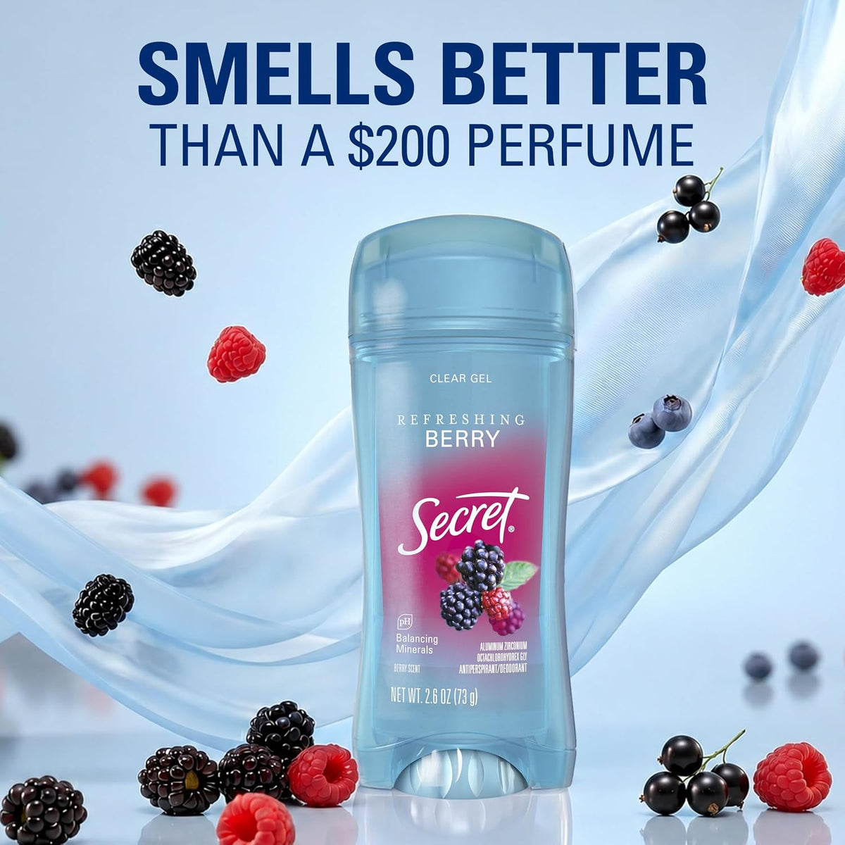 Secret Fresh Antiperspirant Deodorant for Women. 72hr Breathable Sweat & Odor Protection. Instant Freshness & Gentle. PH Balancing Minerals. Clear Gel. Refreshing Berry Scent. 2.6 oz (Pack of 2)