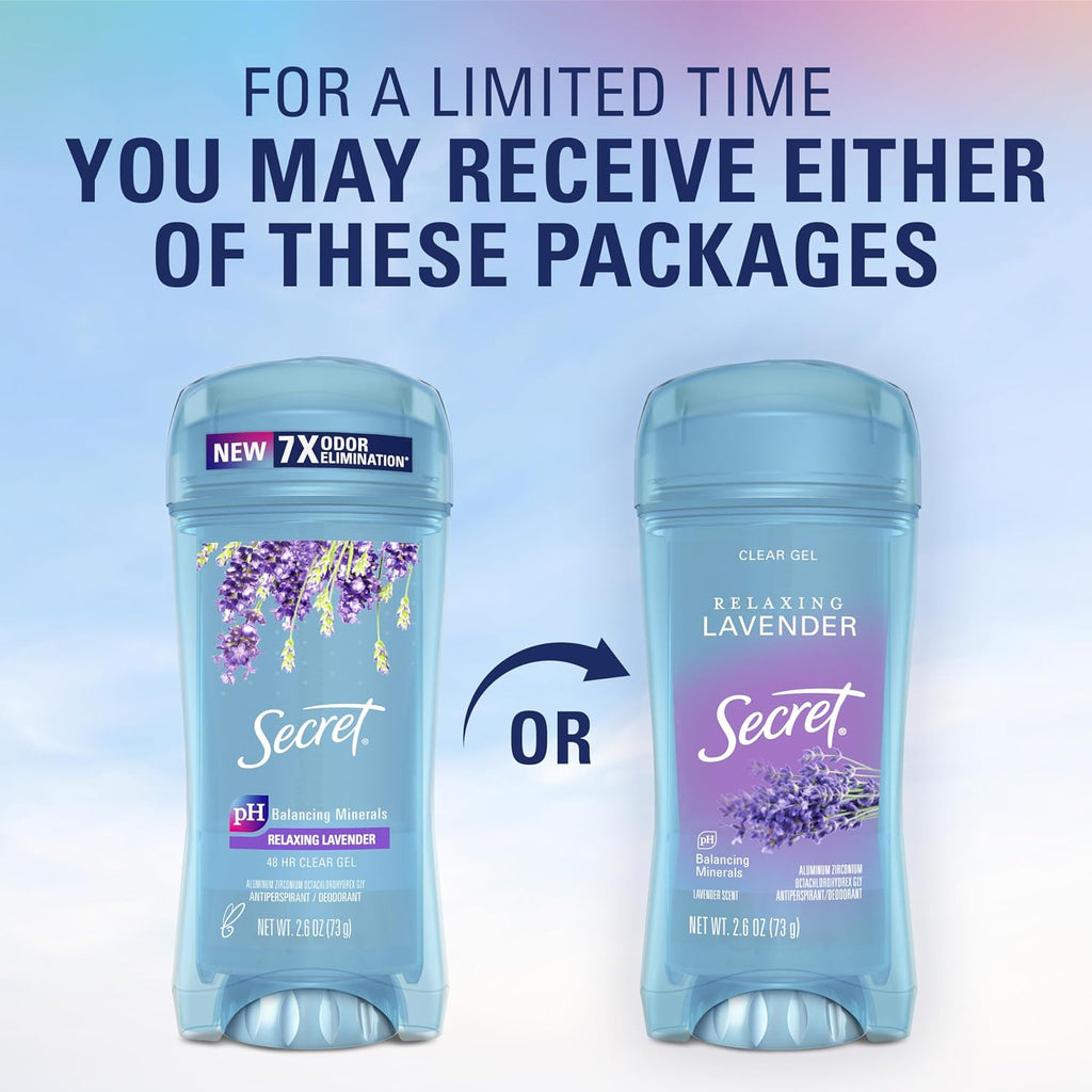 Secret Fresh Antiperspirant Deodorant for Women. 72hr Breathable Sweat & Odor Protection. Instant Freshness & Gentle. PH Balancing Minerals. Clear Gel. Relaxing Lavender Scent. 2.6 oz (Pack of 2)