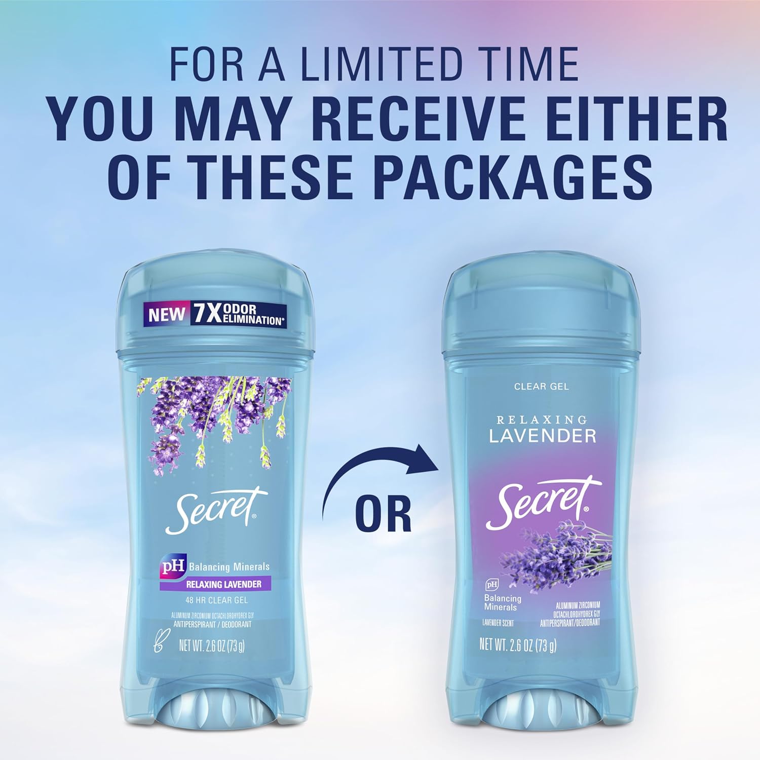 Secret Fresh Antiperspirant Deodorant for Women. 72hr Breathable Sweat & Odor Protection. Instant Freshness & Gentle. PH Balancing Minerals. Clear Gel. Relaxing Lavender Scent. 2.6 oz (Pack of 2)